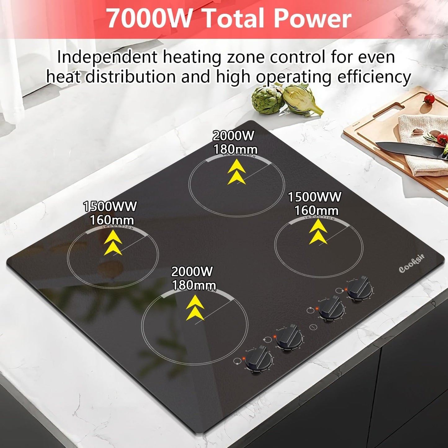 4 Burner Induction Cooktop - 24 Inch Induction Stove Top 7000W, Bulit-in Induction Stovetop Ceramic Glass with Auto Shut off, Residual Heat Indicator, 9 Power Heating Level, 220-240v (No Plug)