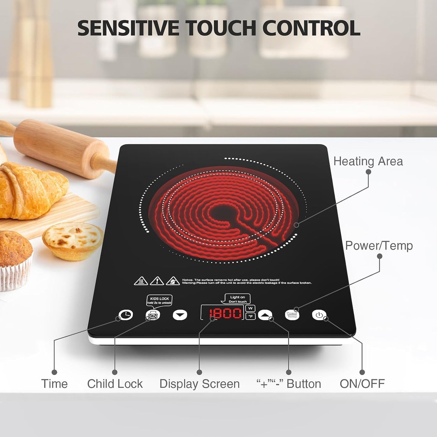 Electric Cooktop Single Burner, 1800W Electric Stove Top Portable, Electric Hot Plate 110v Plug in Countertop,Child Safety Lock,Timer,9 Power Level, Compatible for All Cookware, Induction Cookotp