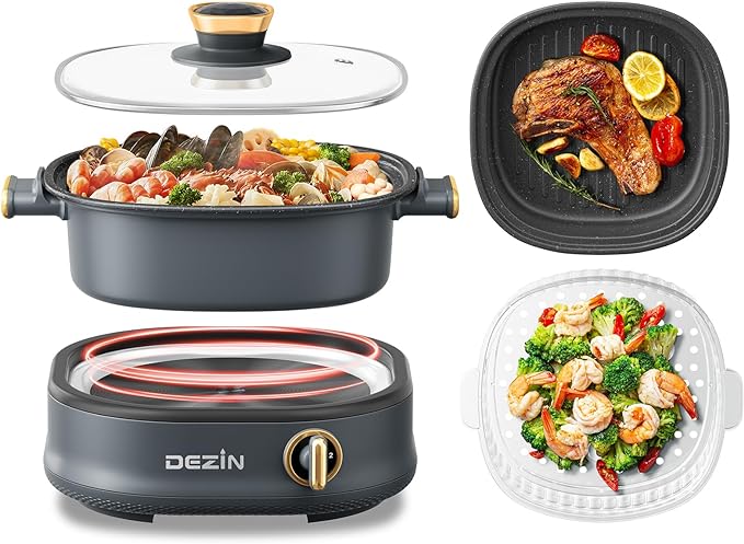 Dezin Electric Shabu Shabu Pot with Removable Pot, 3L Non-Stick Hot Pot Electric with Steamer and Grill Pan, 3-in-1 Electric Pot with Dual-Power Control for Party, Family and Friend Gathering