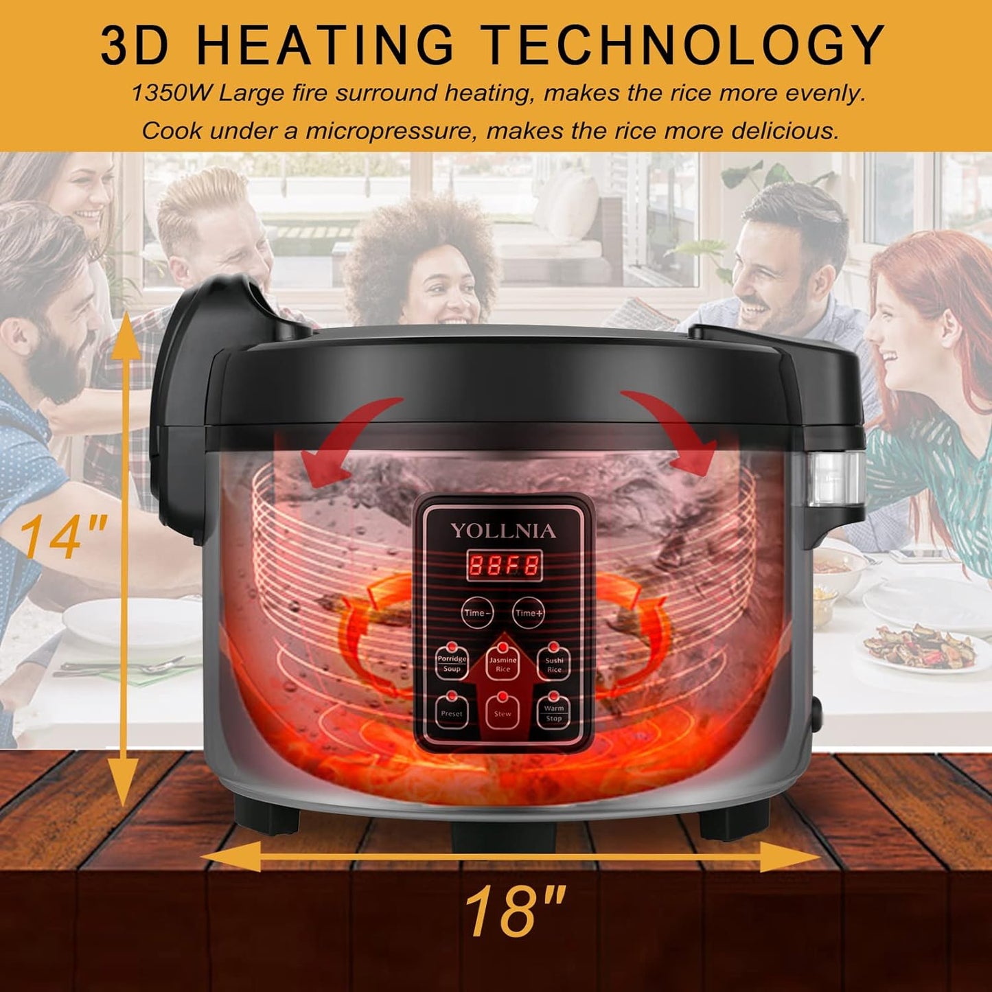 Commercial Large Rice Cooker & food warmer | 13.8QT/65 Cups cooked rice | 1350W Multi-function electric sushi rice cooker | LED Display | Timer Setting | Smart preset from 30 min-24 Hrs