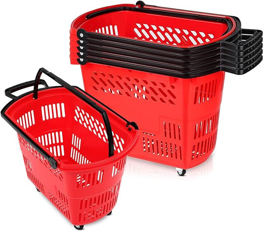 6PCS Large-capacity Shoping Basket With Handles, 35L Durable Plastic Shopping Baskets with Wheels, Portable Grocery Basket For Supermarket Retail Shop Book Store Laundry, Red