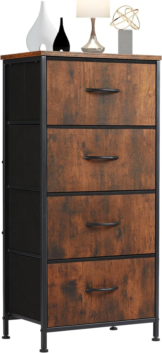 Sweetcrispy Dresser for Bedroom, Storage Drawers, Skinny Fabric Storage Tower with 4 Drawers, Tower Organizer Unit, Chest of Drawers with Wooden Top for Closet, Nursery, Living Room, Hallway, Laundry