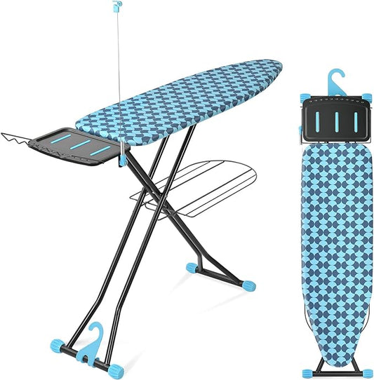 APEXCHASER Ironing Board, Metal Panel Iron Board with Iron Rest, Heat & Scorch Resistant Cover, Adjustable Height Heavy Duty Ironing Board with Germent Rack, for Home, Dorm, 13x43 Blue