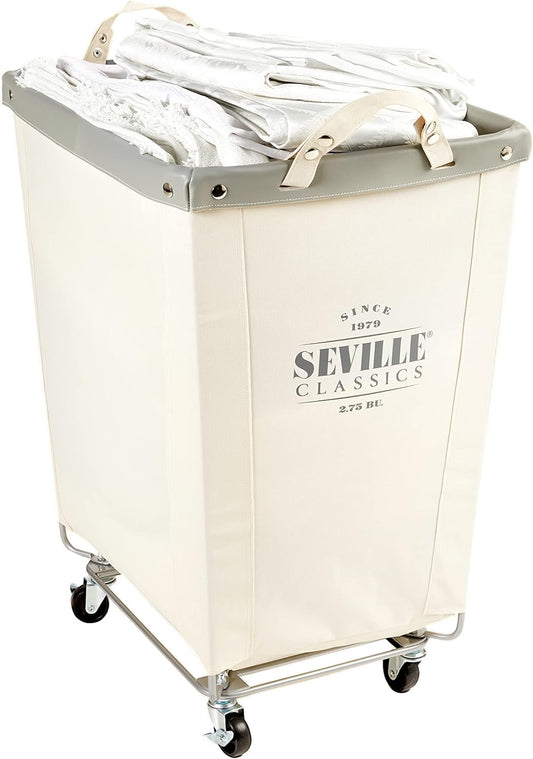 Seville Classics Large Commercial Heavy Duty Rolling Steel Frame Laundry Hamper Canvas Cart Bin, w/Wheels for Hotel, Home, Closet, Bedroom (PATENTED), Cream, 22" D x 16" W