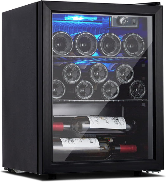 Wine Fridge 16 Bottle Capacity, Wine Cooler Temperature 7 Levels Adjustable, Temperature Range 40~61°F, Wine Cooler Refrigerator for Red White Wine, Champagne, Beer with Blue Interior Light