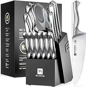 Kitchen Knife Set with Block, Dishwasher Safe 15 Pcs Professional Chef Knife Set with Knife Sharpener, Food Grade German Stainless Steel Knife Block Set, Jaguar Series, Best Gifts