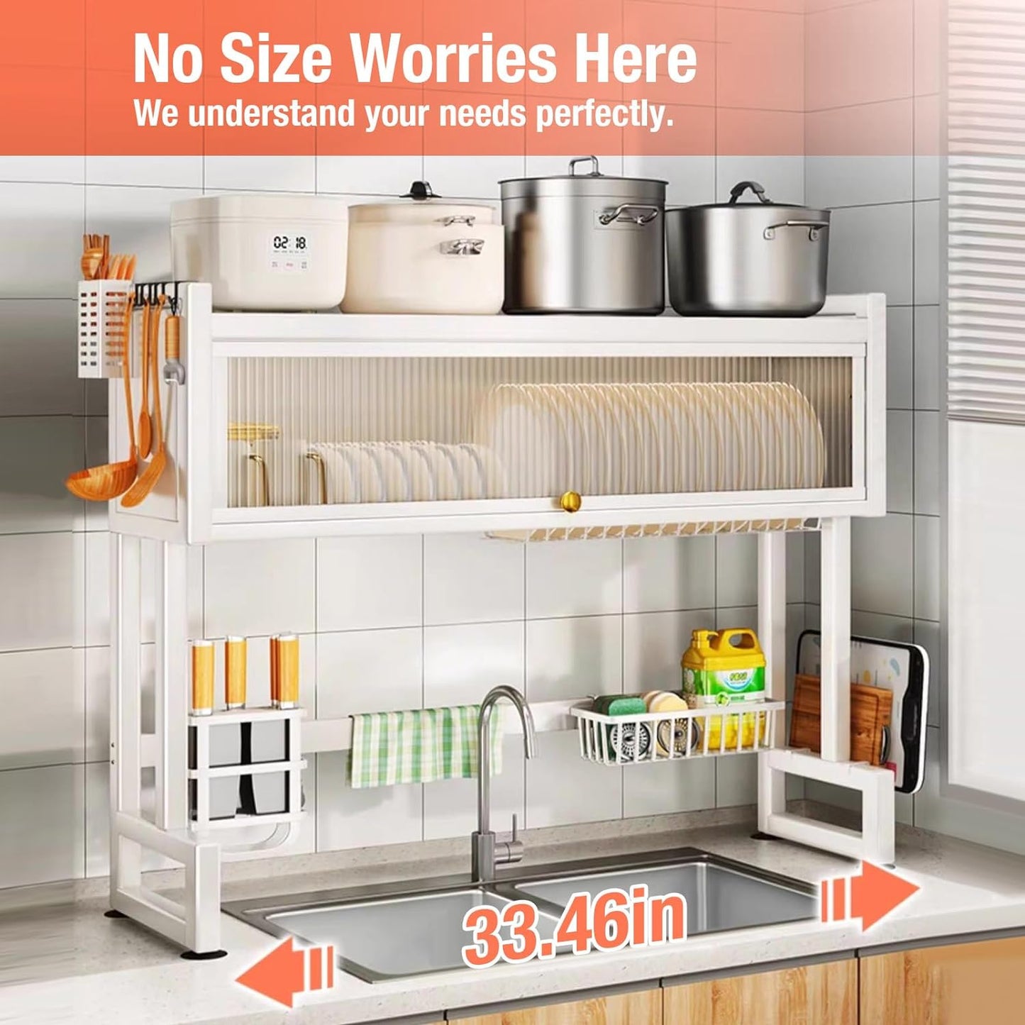 Over the Sink Dish Drainer Drying Rack 3 Tier Over Sink Dish rack for a Tidy Kitchen Sink Shelf Organized Space-Saving Dish Rack with Cover for Dishes, Glasses, Bowls, and Cutlery (Milkshake White)