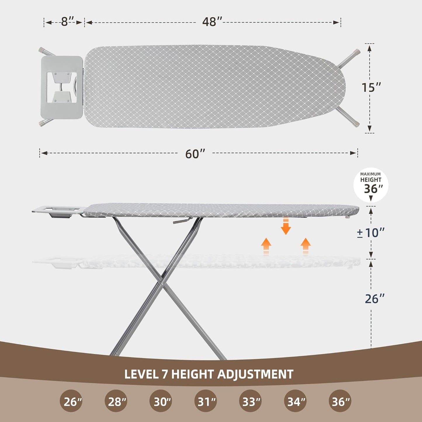 Ironing Board 48" x 15" with Iron Holder, 7 Height Options Up to 36", Full Size Foldable Iron Board with Removable Covers and Reinforced Steel Legs, Gray Checkered