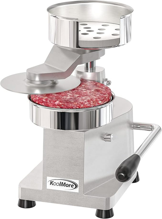 KoolMore Burger Press Patty Maker for 5” Hamburgers, Stainless-Steel Manual Forming Machine for Personal and Commercial Foods, Heavy Duty Processor, Includes Pattie Papers (CHM-5), Silver