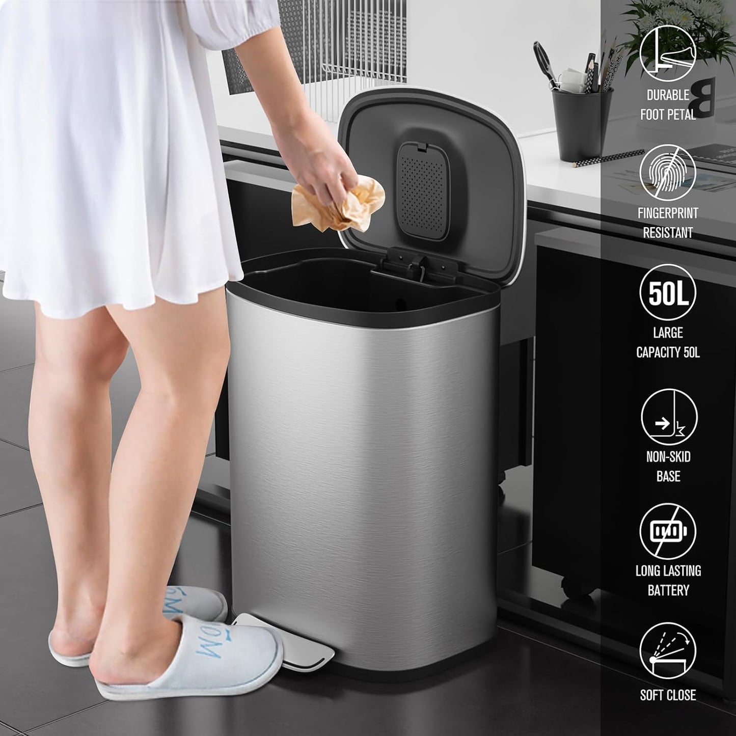 Stainless Steel Curved Surface 13-Gallon Kitchen Trash Can, Foot Pedal Operated, Soft Close Lid, with 30 Garbage Bags, Silver