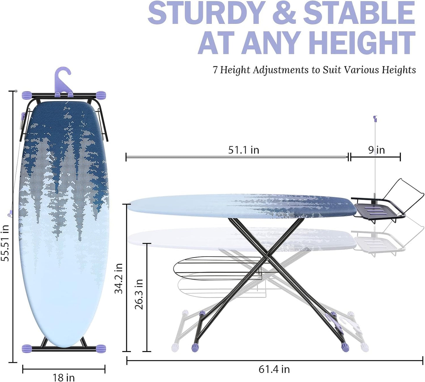 APEXCHASER Full Size Ironing Board,18x51 Metal Panel Iron Board with Stretchable Iron Rest, Heat & Scorch Resistant Cover, Adjustable Height Heavy Duty Ironing Board, for Home, Dorm, Purple