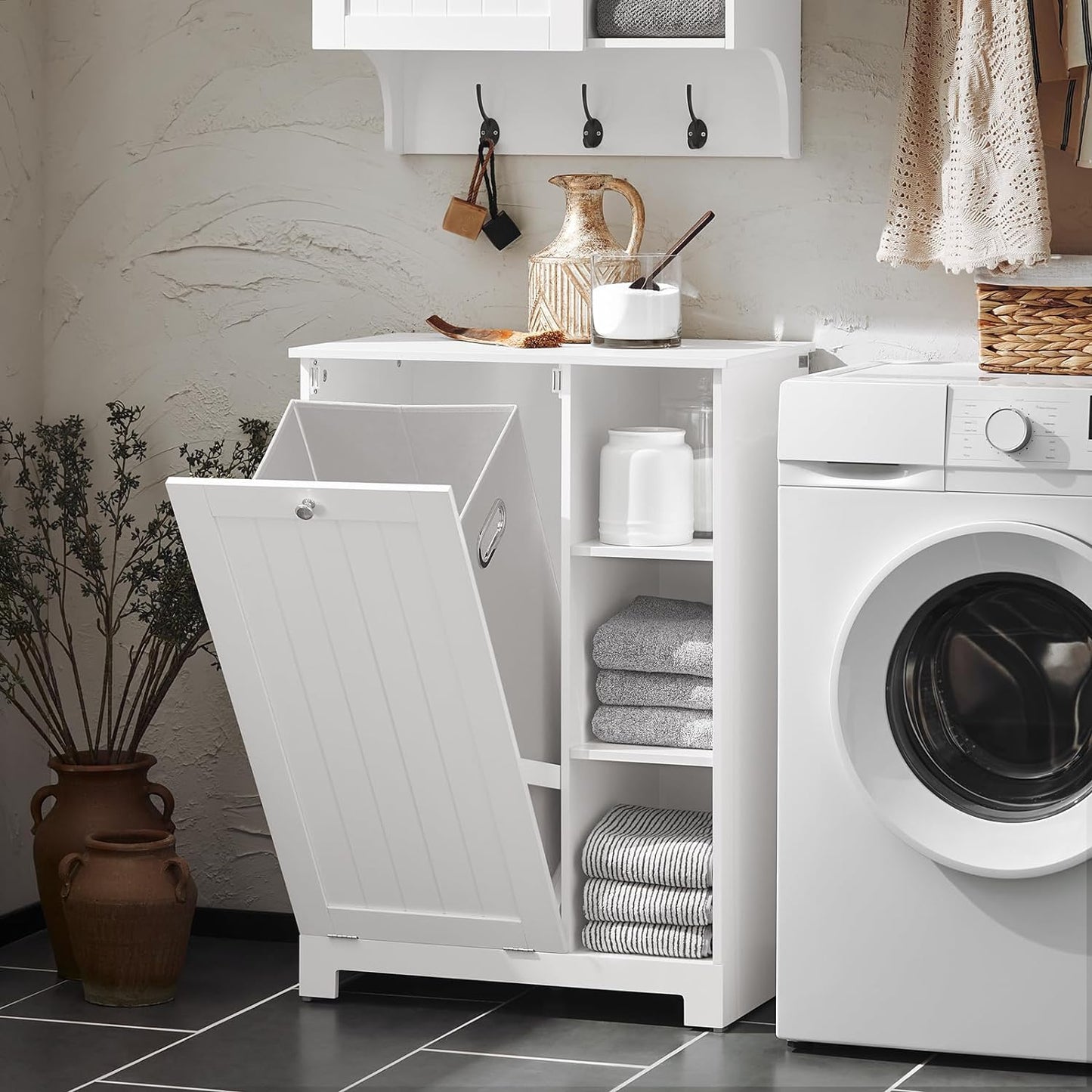 Haotian Laundry Cabinet Laundry Chest Bathroom Storage Cabinet with Laundry Basket and 3 Storage Compartments, White BZR105-W