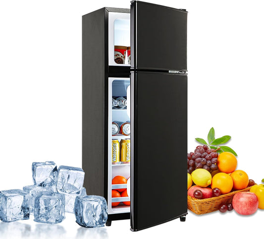 FLS-80-BLACK 3.5Cu.Ft Compact, Small Refrigerator with Freezer, 7 Level Adjustable Thermostat, Retro Fridge with Dual Door for Garage, Dorm,Bedroom, Office, Apartment, Black