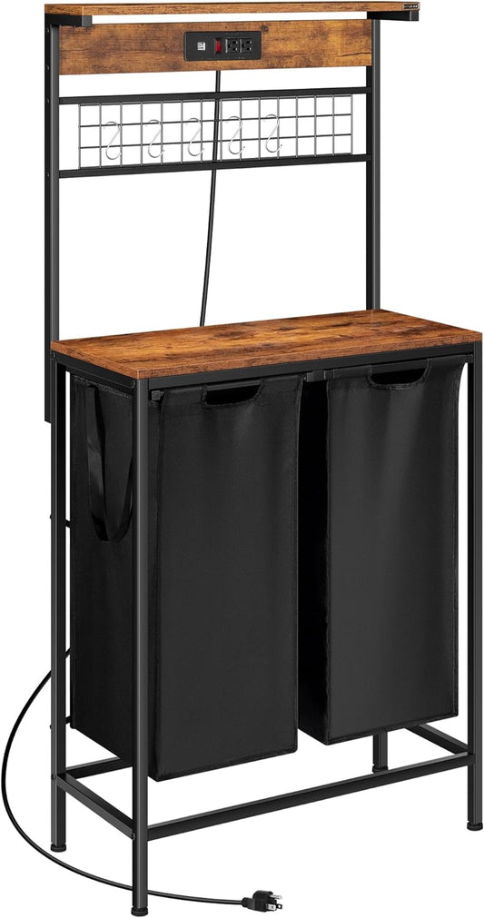 VIVOHOME Laundry Hamper with Power Outlet, Laundry Basket 2 Section, Laundry Sorter with Hooks, Shelf, 2 x 65L Removable Bags, Rustic Brown and Black