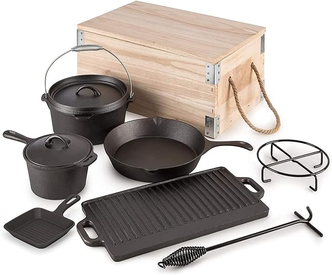 8 Piece Pre-Seasoned Dutch Oven Cooking Set Cast Iron Camping Kitchen Cookware Bakeware Skillets & Square Grill Pan w/Vintage Carrying Wood Box for Ourdoor Home BBQ Baking