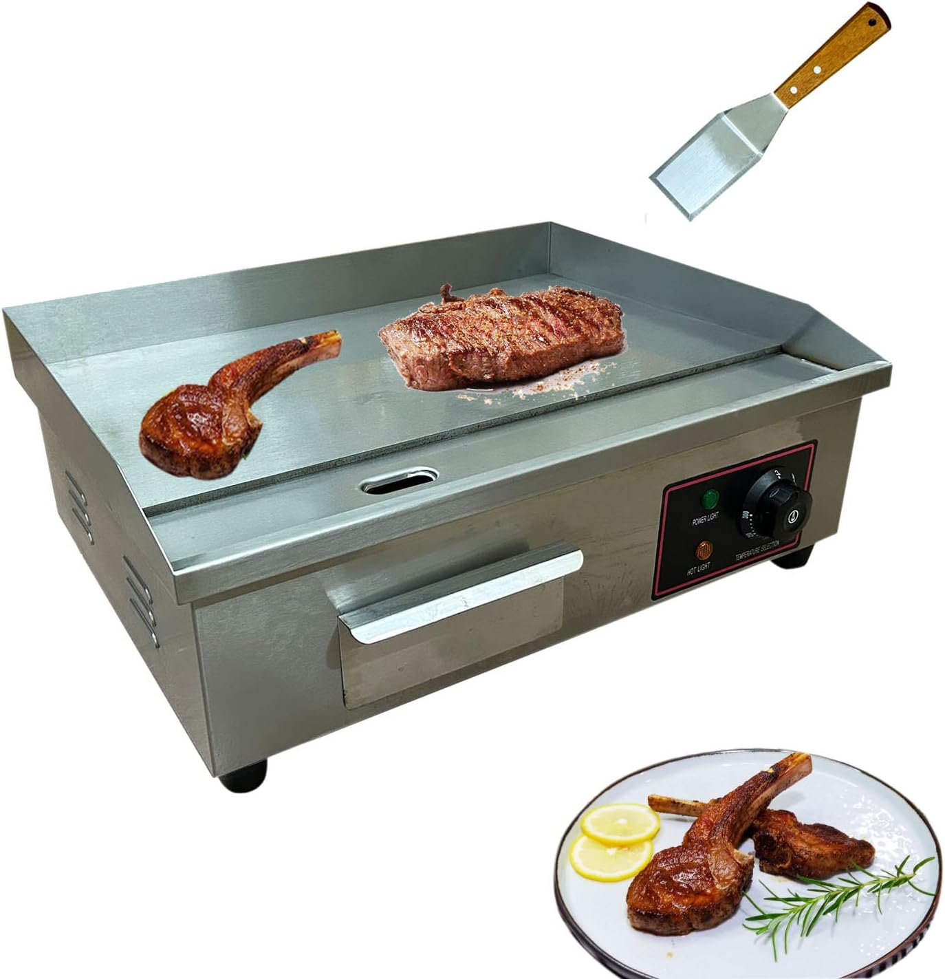 1600W 22" Extra Large Commercial Electric Countertop Griddle Grill, Flat Top Grill Indoor, Stainless Steel Restaurant Grill, Tabletop Flat Grill - for BBQ, Pancake, Chicken (110V)