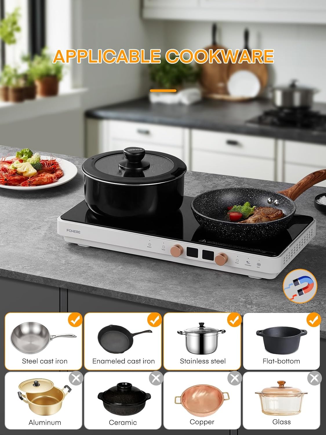 Induction Cooktop 2 Burners, Double Induction Hot Plate with Removable Iron Cast Griddle Pan Non-stick, Independent Temperature Control,Touch 8 Power Levels, 99 Min Timer for Magnetic Cookware