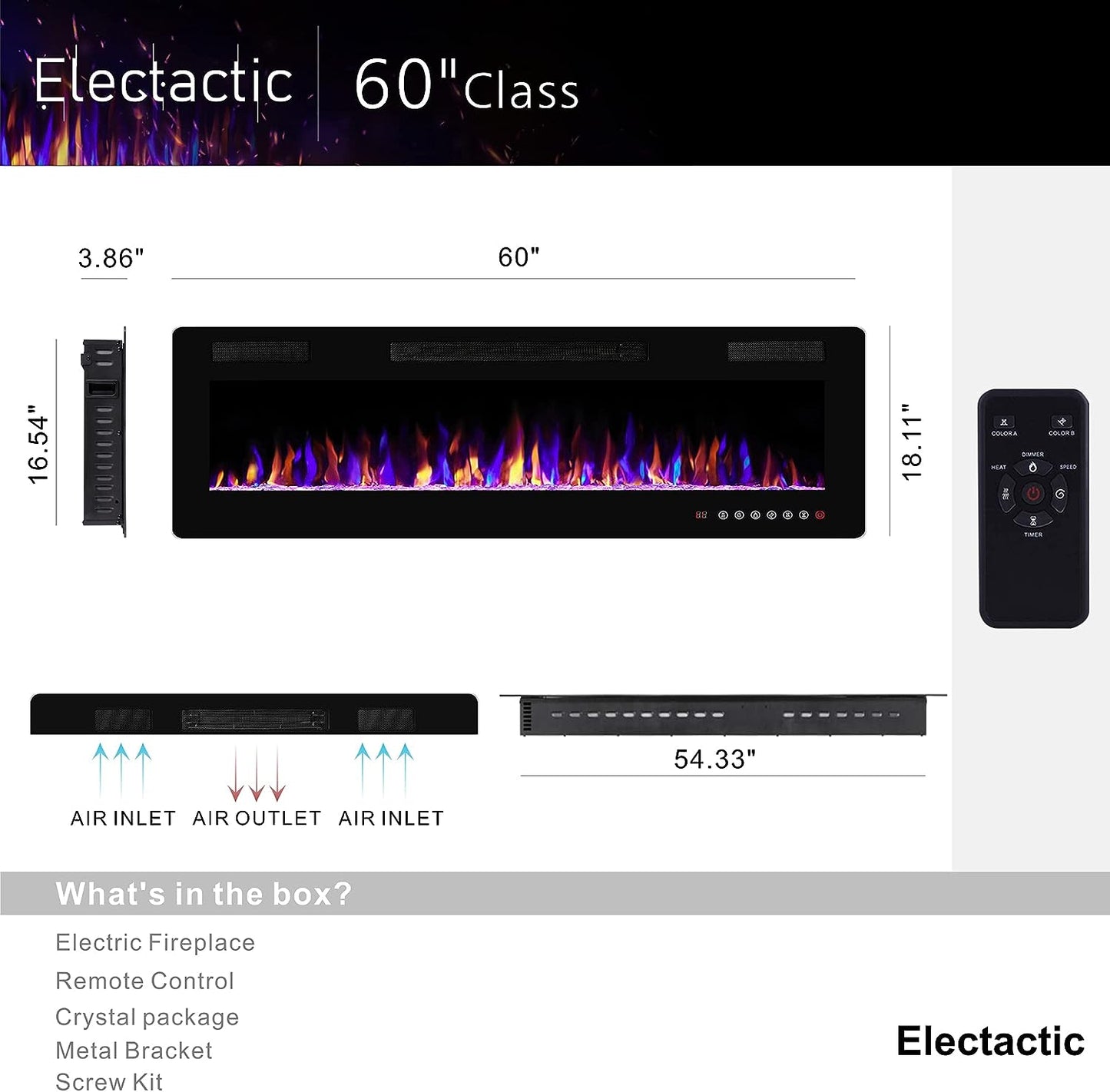 60 inches Electric Fireplace Recessed and Wall Mounted, Fireplace Heater and Linear Fireplace, with Timer, Remote Control, Adjustable Flame Color, 750w/1500w, Black