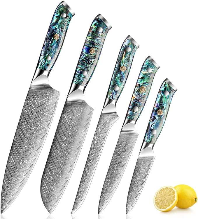 SENKEN Damascus Steel Kitchen Knife Set - Umi Collection - 67-Layer Japanese VG10 Steel, Real Deep-Sea Abalone Shell Handle, Chef's Knife, Santoku, Paring, Fillet, Utility (5-Piece Damascus Knife Set)