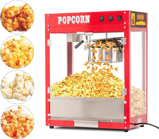 Popcorn Maker, Nostalgic Retro Style Popcorn Machine with 8 Oz Stainless Steel Kettle, Exterior Protected by Tempered Glass Door, Suitable for Movie Theater Commercial or Family Dinners, Red