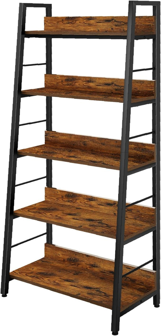 BATHWA 5 Tier Book Shelf, Industrial Rustic Open Wood Metal Ladder Bookshelf Accent Bookcase, Morden Ladder Shelf for Living Room/Bedroom/Home Office, Rustic Brown Wooden Vintage 28'' Wide Shelf