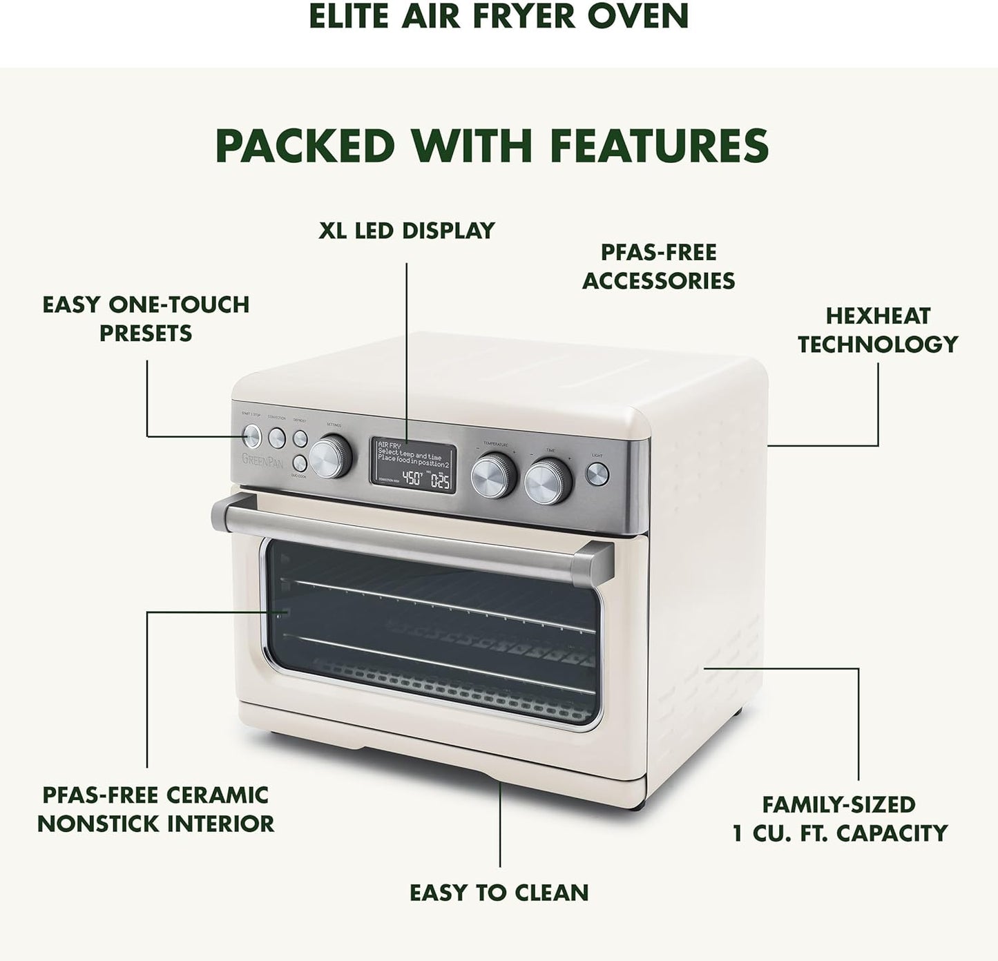 GreenPan Elite Air Fry Convection Oven, 13 Easy to Use Presets, PFAS-Free Nonstick Interior, Adjustable Racks, Baking Pan, Pizza Pan, Basket, Crumb Tray, Cloud Cream