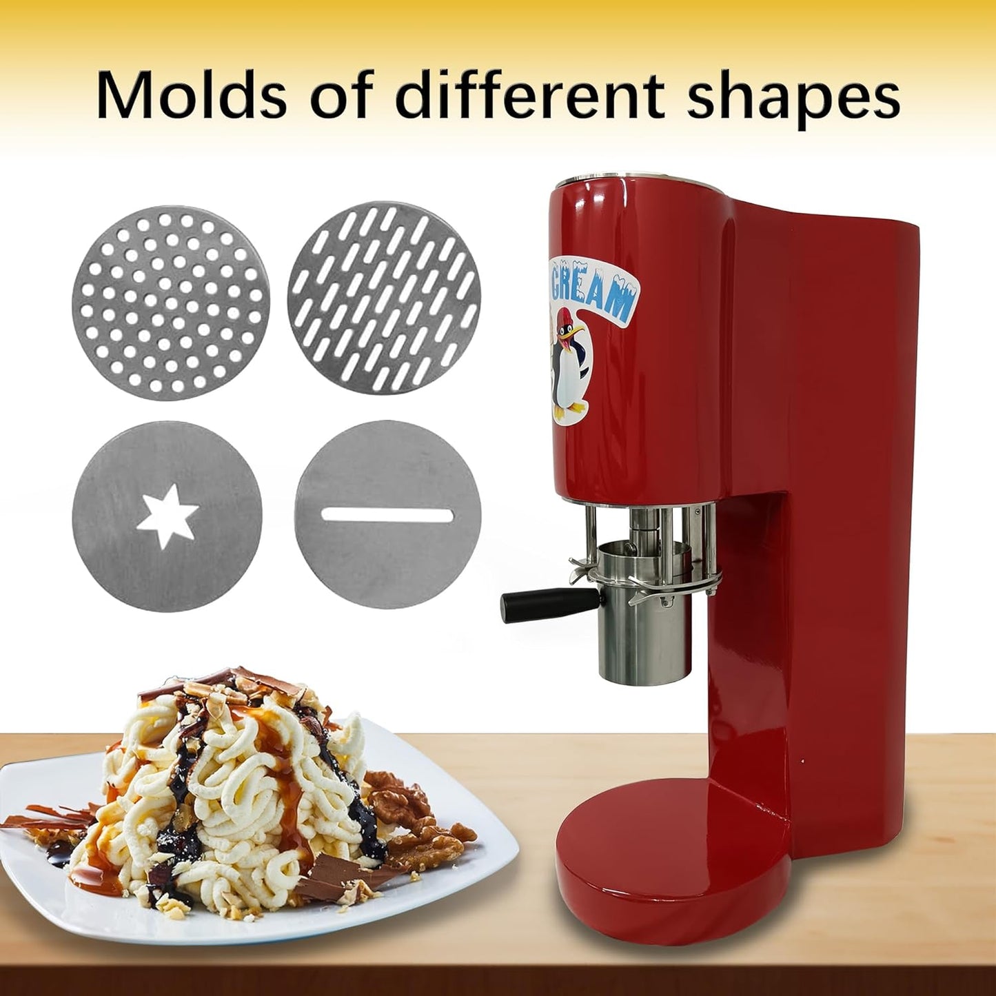 Spaghetti Ice Cream Maker, Noodles Ice Cream Machine with 4 Noodle Moulds, Spaghetti Noodle Gelato Ice Cream Making Machine, Ice Cream Noodle Machine Commercial or Household Use(Red)