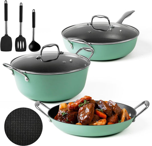 Enameled Cast Iron Cookware Set - 8 Piece Set of 6.5QT Dutch Oven & 5.4QT Saucepan & 12 inch Skillet & 2 Spatulas & Spoon, Ceramic Nonstick Coated, Gas/Induction Compatible, PFA Free