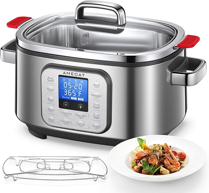 10-in-1 Programmable Slow Cooker 6 Quart with Stainless Steel Pot, Glass Lid, Steaming Rack, and LED Display