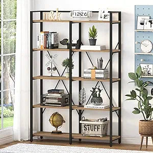 BON AUGURE Industrial Bookshelves and Bookcases, 5 Tier Heavy Duty Etagere Shelving Unit, Farmhouse Rustic Wood Metal Book Shelves for Office, Living Room and Bedroom (Vintage Oak, 43.31 inch Wide)