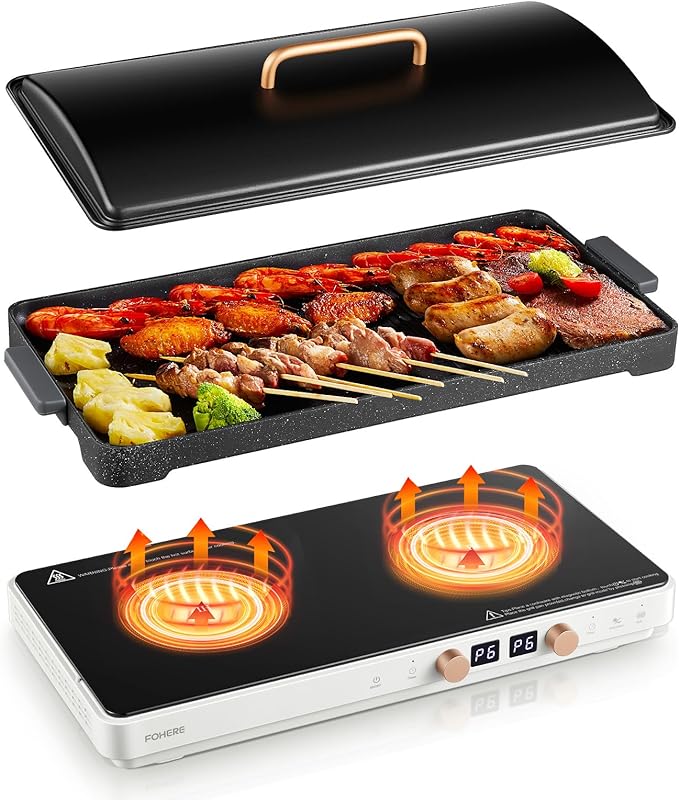 Induction Cooktop 2 Burners, Double Induction Hot Plate with Removable Iron Cast Griddle Pan Non-stick, Independent Temperature Control,Touch 8 Power Levels, 99 Min Timer for Magnetic Cookware