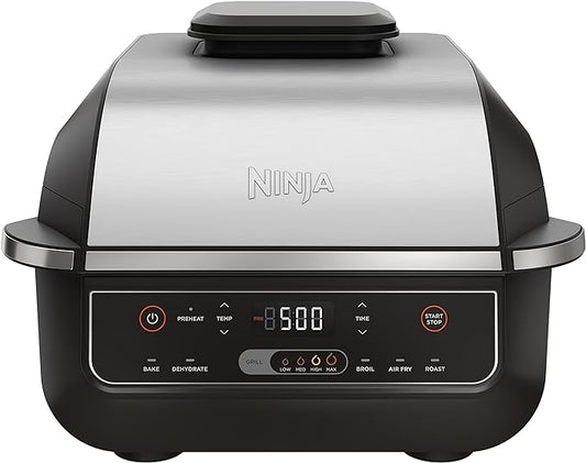 Ninja EG201 Foodi 6-in-1 Indoor Grill with Air Fry, Roast, Bake, Broil, & Dehydrate, 2nd Generation, Black/Silver (Renewed)