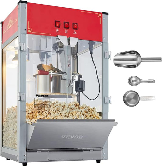 VEVOR Commercial Popcorn Machine, 12 Oz Kettle, 1440 W Countertop Popcorn Maker for 80 Cups per Batch, Theater Style Popper with 3-Switch Control Steel Frame Tempered Glass Doors 1 Scoop 2 Spoons, Red