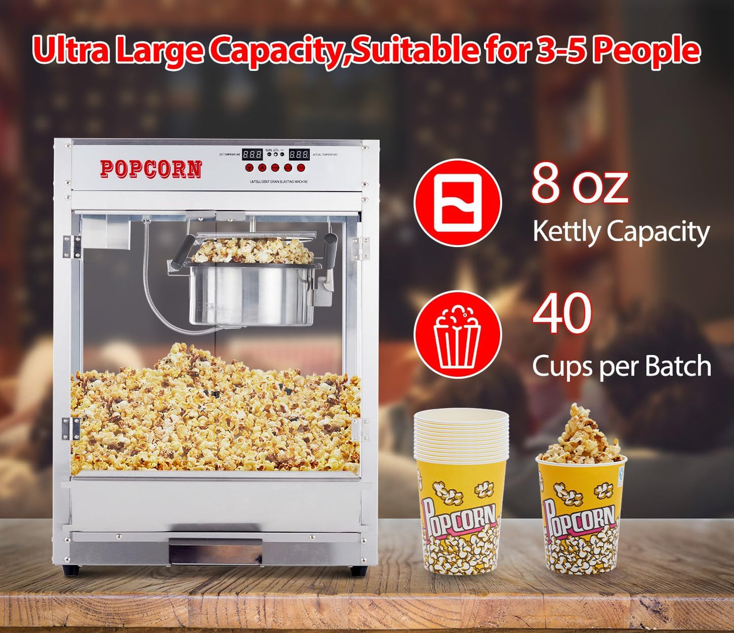 8OZ Popcorn Machine for Movie Night, Popcorn Popper Machine with 10 PACK Popcorn Buckets, Temperature Control with Digital Display,Old Fashion Popcorn Machine Movie Theater Style