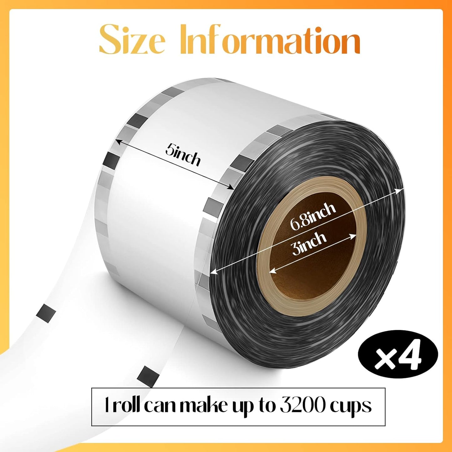 Tessco 4 Rolls Cup Sealing Film Bulk Cup Sealer Film Boba Sealing Film for Cup Sealing Machine 90-105 mm 12800 Cups for 16oz Plastic PP Cups for Boba, Water, Cold Coffee, Juice, Soda(Classic Style)