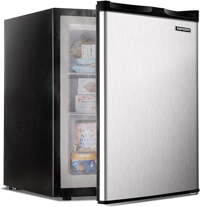 EUHOMY Upright freezer, 2.1 Cubic Feet, Single Door Compact Mini Freezer with Reversible Stainless Steel Door, Removable Shelves, Small freezer for Home/Dorms/Apartment/Office (Silver)