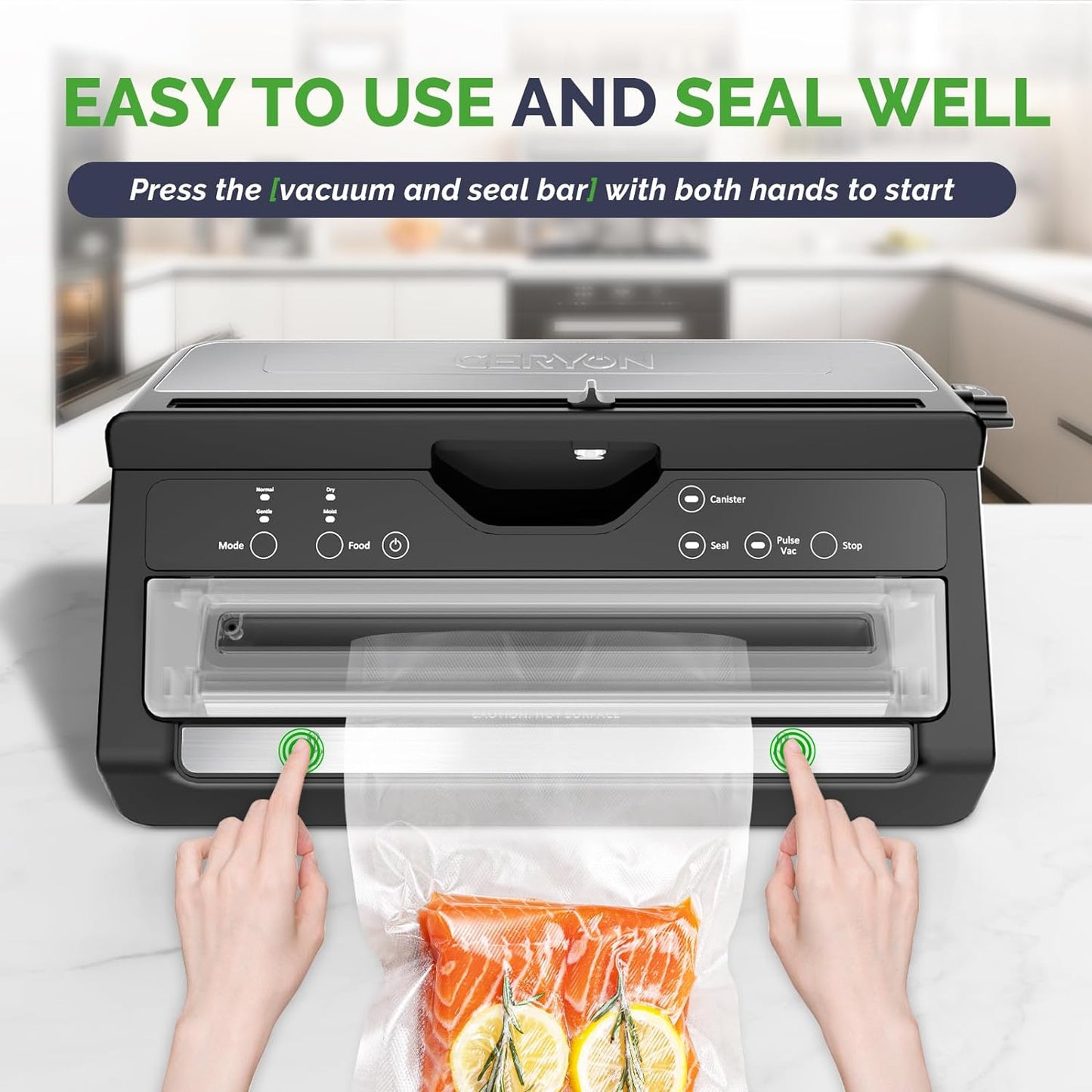 GERYON Vacuum Sealer - Deluxe Food Sealer Machine with Built-in Bag Cutter and Roll Storage, Strong Suction for Food Preservation Saver, Dry Moist Food Mode - Starter Kit with Vacuum Seal Bags & Roll