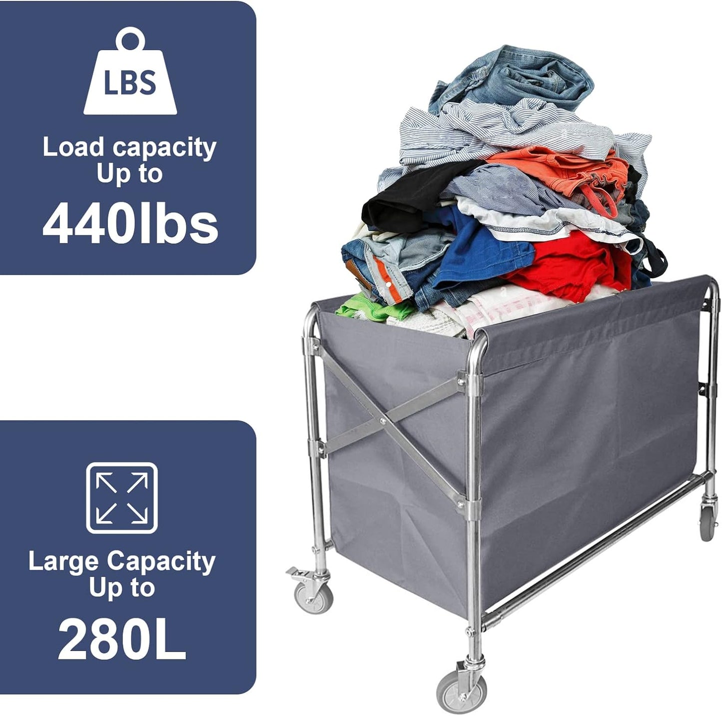 Folding Laundry Cart Commercial Rolling Laundry Basket Trucks with Wheels 440lbs Load Capacity Stainless Steel Laundry Trolley Cart for Industrial/Home 34 * 21 * 31inches (Gray)