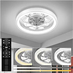 Ceiling Fans with Lights Flush Mount, White Low Profile Modern Ceiling Fan with Remote, Dimmable and Reversible LED Fan Light with 6 Wind Speeds for Bedroom and Living Room, DC Motor