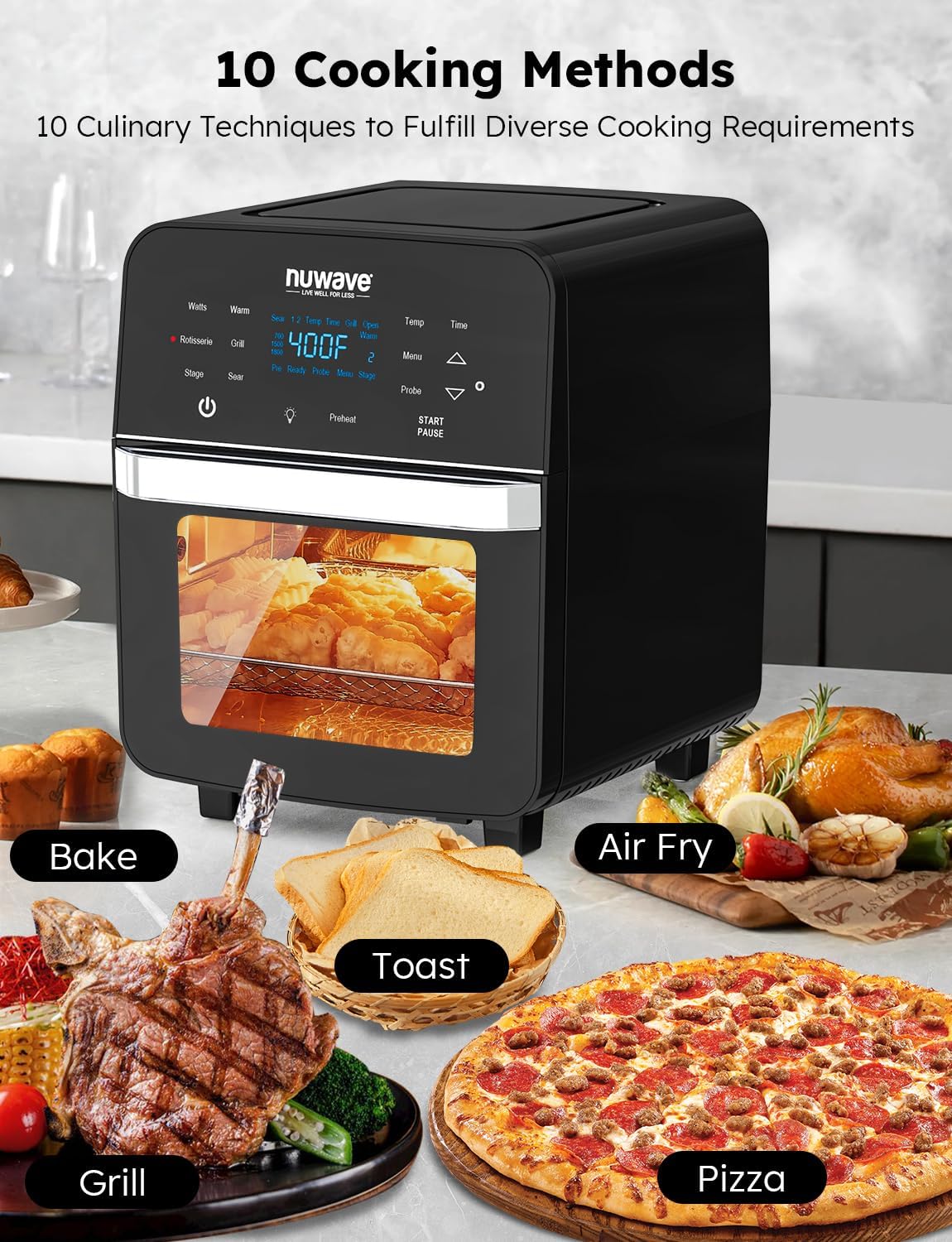 Nuwave Brio Air Fryer Oven, 15.5Qt X-Large Family Size, SS Rotisserie Basket &Skewer-Kit, Reversible Ultra Non-Stick Grill/Griddle Plate, Powerful 1800W, Integrated Smart Thermometer,Black