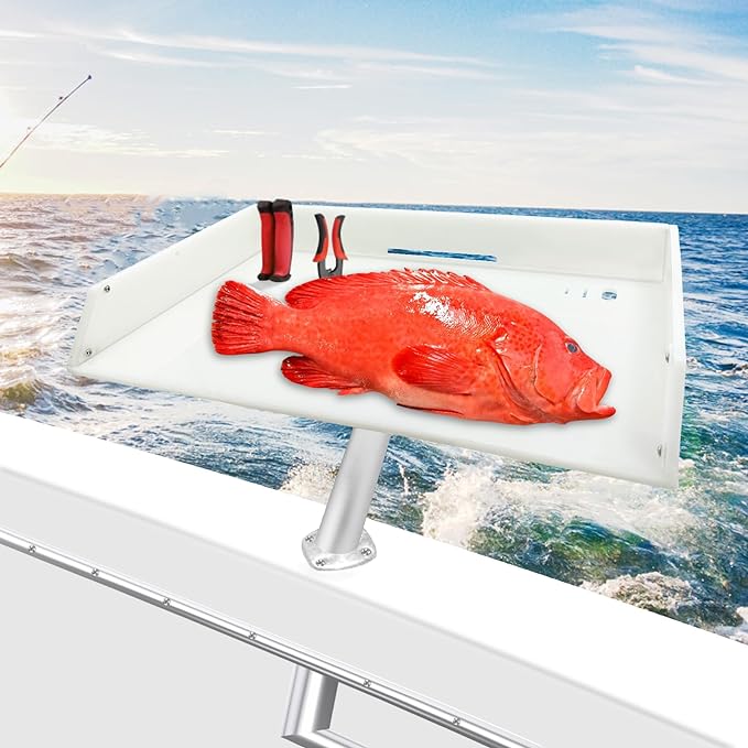 Boat Cutting Board, Bait Table Filet Board, 360° Adjustable Boat Fish Cleaning Station, Boat Rod Holder with Pliers Storage and Knife Slot, Boat Accessories Marine for Cleaning, Grilling