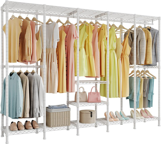 H5 Extra Large Heavy Duty Clothes Rack, Wire Garment Rack,Large Wardrobe Closet, Freestanding Closet Rack for Hanging Clothes, Clothing Rack with Adjustable Shelf, 93.3" Lx15.7 Wx75.4 H,White