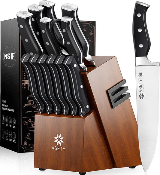 Knife Set, 15 PCS Kitchen Knife Set with Built-in Knife Sharpener Block, German Stainless Steel Knife Block Set, Full Tang Chef Knife Set, NSF Food Safe, Gifts for Fathers Day