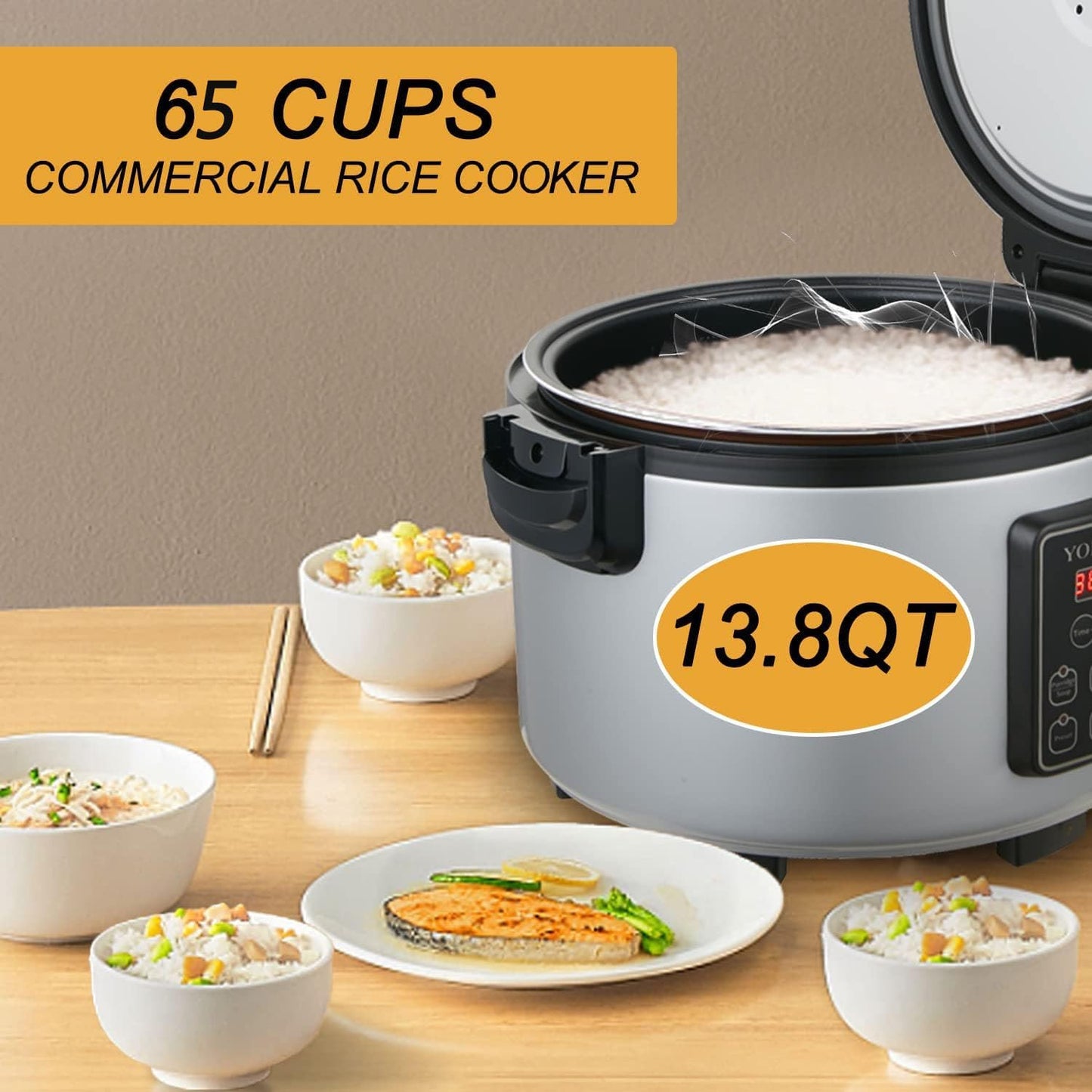 Commercial Large Rice Cooker & food warmer | 13.8QT/65 Cups cooked rice | 1350W Multi-function electric sushi rice cooker | LED Display | Timer Setting | Smart preset from 30 min-24 Hrs