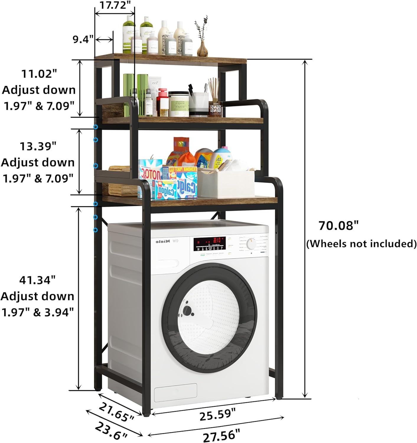 Heavy Duty Adjustable Height Bathroom Shelf with Rolling Wheels, Wood Over The Washer and Dryer Storage Shelf for Home Decor, Laundry Room Organization Racks Space Saving Shelving Units, Metal, Brown