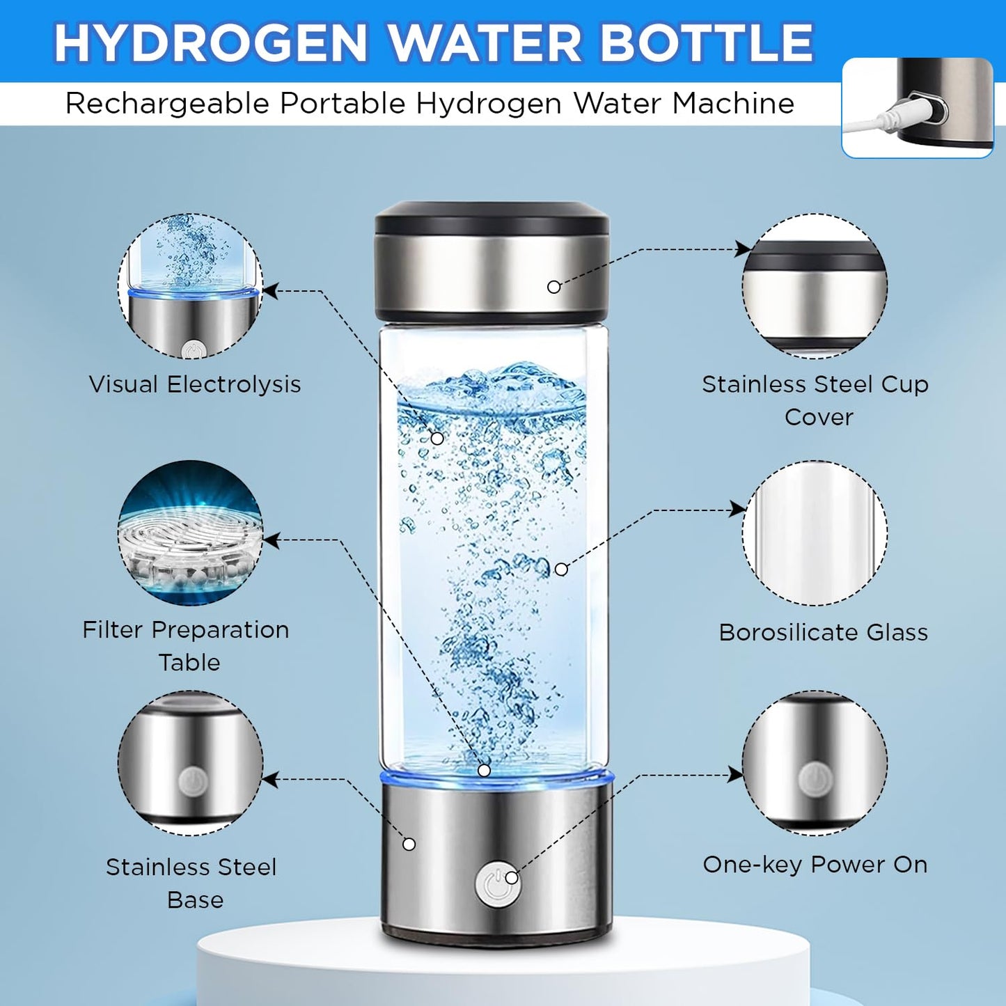 15 oz. Hydrogen Water Bottle Portable Hydrogen Water Ionizer Machine USB Rechargeable Hydrogen Water Generator Hydrogen Rich Water Glass Health Cup for Home Travel