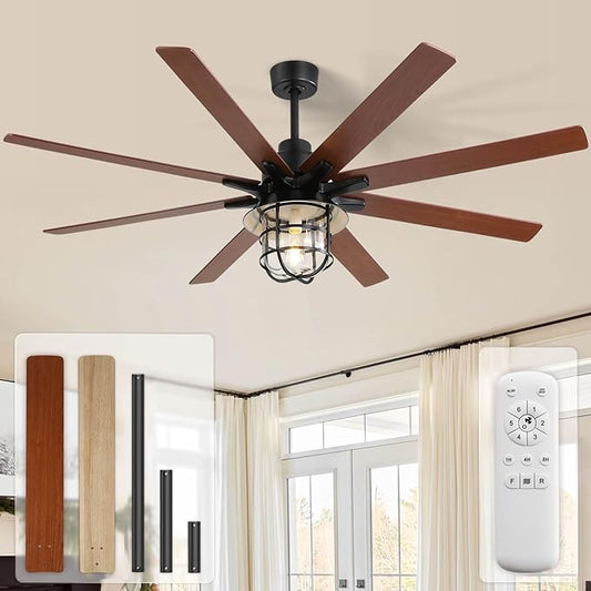 Sofucor 66" Ceiling Fans with Lights and Remote, 6-Speed 3-Timer Indoor/Outdoor Ceiling Fan with Light, Farmhouse Ceiling Fan with Light Noiseless Reversible DC Motor for Living Room Kitchen Patio