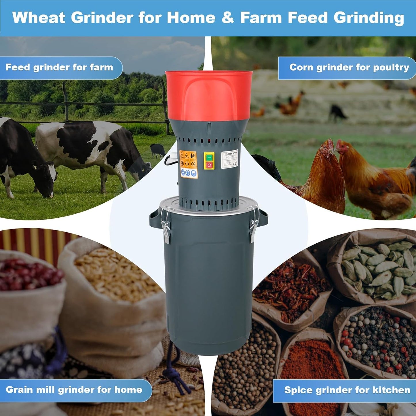 15.8 Gallons Corn Grinder Electric Mill, Dry Grain Mill Grinder Electric, Grain Grinder Mill, Cereals Grinder, Farm Home Wheat Grinder for Spice Rice Coffee Feed Flour, 7 Sizes Sieves(60L)