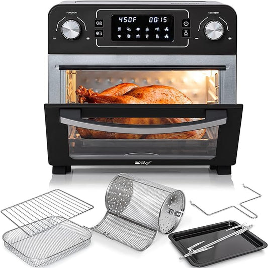 Deco Chef 24 QT Black Stainless Steel Countertop 1700 Watt Toaster Oven with Built-in Air Fryer and Included Rotisserie Assembly, Grill Rack, Frying Basket, and Baking Pan