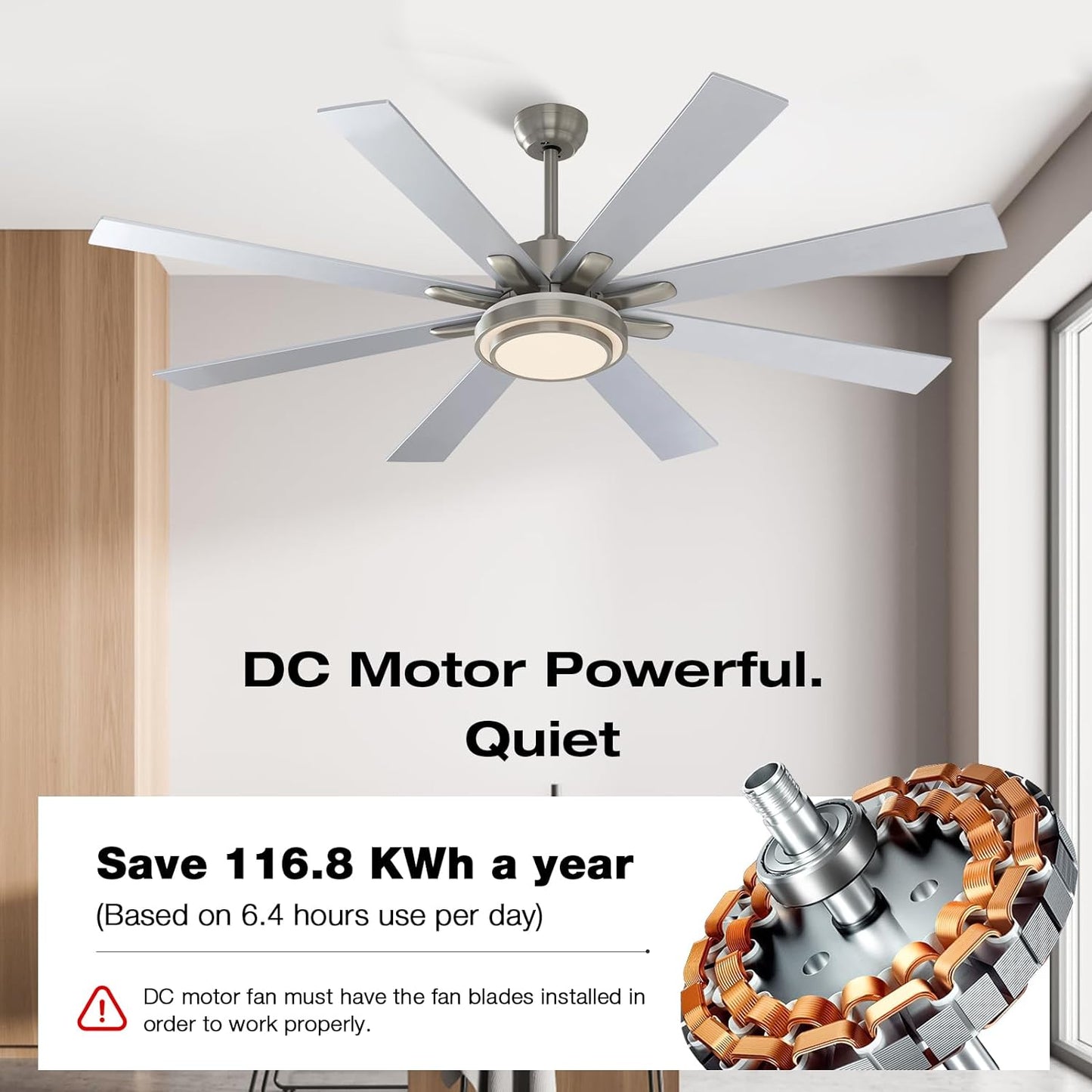 warmiplanet Ceiling Fan with Lights Remote Control, 62 Inch, DC Motor, 8 Blades (Nickel)